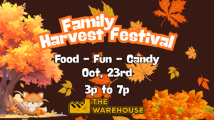 Promotional website banner for the Family Harvest Festival at The Warehouse, featuring autumn leaves, a large fall tree with a cute fox illustration, and text announcing "Food – Fun – Candy" on October 23rd from 3p to 7p.