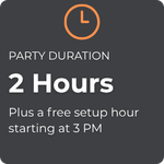 Square informational graphic on a dark gray background with an orange outline clock icon. Text reads "PARTY DURATION" followed by a large white "2 Hours" and a subheadline stating "Plus a free setup hour starting at 3 PM".