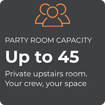 Square informational graphic on a dark gray background with an orange outline icon of a group of three people. Text reads "PARTY ROOM CAPACITY" followed by a large white "Up to 45" and a subheadline stating "Private upstairs room. Your crew, your space".