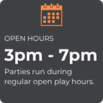 Square informational graphic on a dark gray background featuring an orange calendar icon. Text reads "OPEN HOURS" followed by a large white "3pm - 7pm" and a subheadline stating "Parties run during regular open play hours."