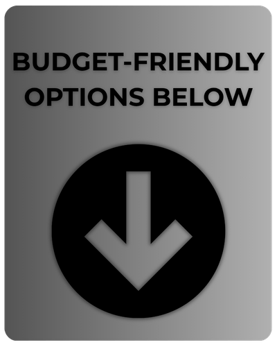 Section divider graphic with a gray gradient background featuring bold black text that reads "BUDGET-FRIENDLY OPTIONS BELOW" above a large black circle containing a downward-pointing arrow.