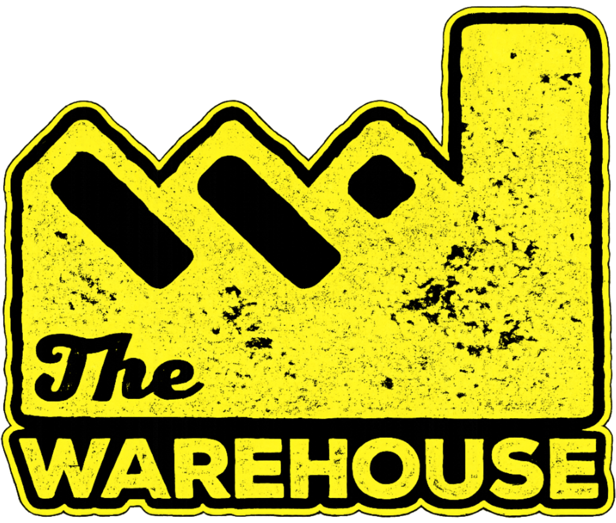 Official logo for The Warehouse, featuring a textured bright yellow industrial factory silhouette with a smokestack on a black background. Cursive text reads "The" and bold, block uppercase text reads "WAREHOUSE".