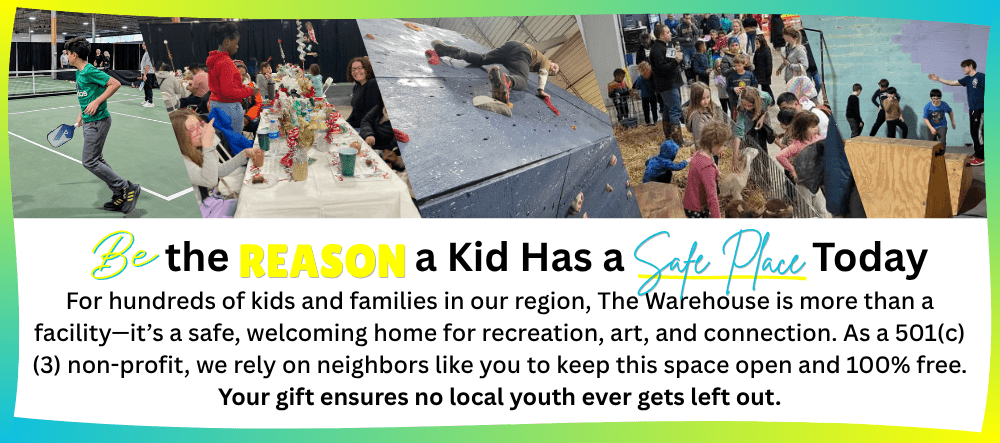 Fundraising banner featuring a 5-panel photo collage of youth activities (pickleball, group dining, bouldering, petting zoo, and parkour) above text reading "Be the REASON a Kid Has a Safe Place Today".