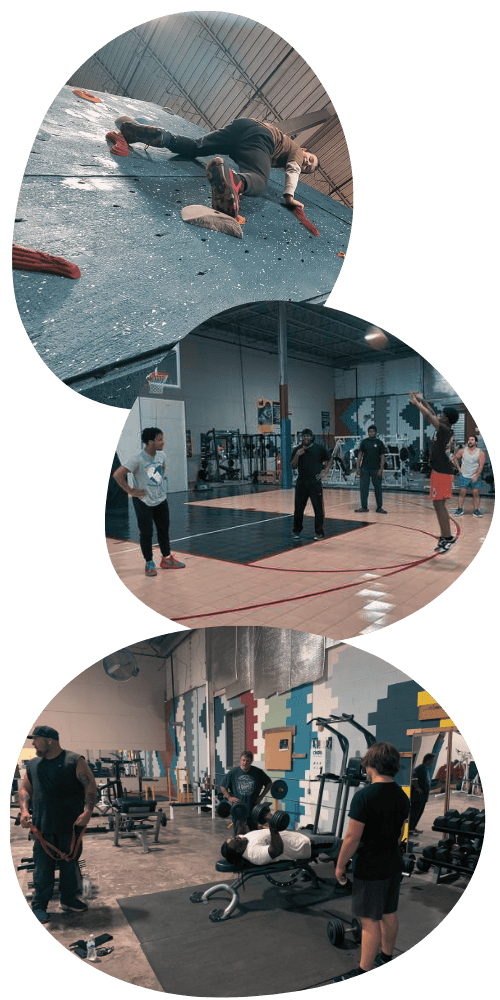 Vertical stack of three oval-cropped photos showcasing rock climbing on a bouldering wall, basketball court play, and athletes working out in the weightroom gym at The Warehouse.