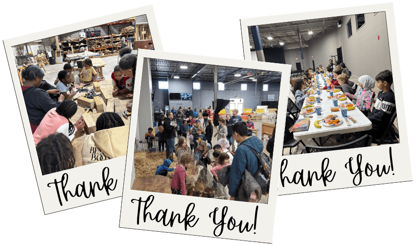 Three overlapping Polaroid-style photo frames featuring children at a woodworking workshop, kids interacting at a petting zoo, and a youth group dining at a long table, each labeled "Thank You!" at the bottom.