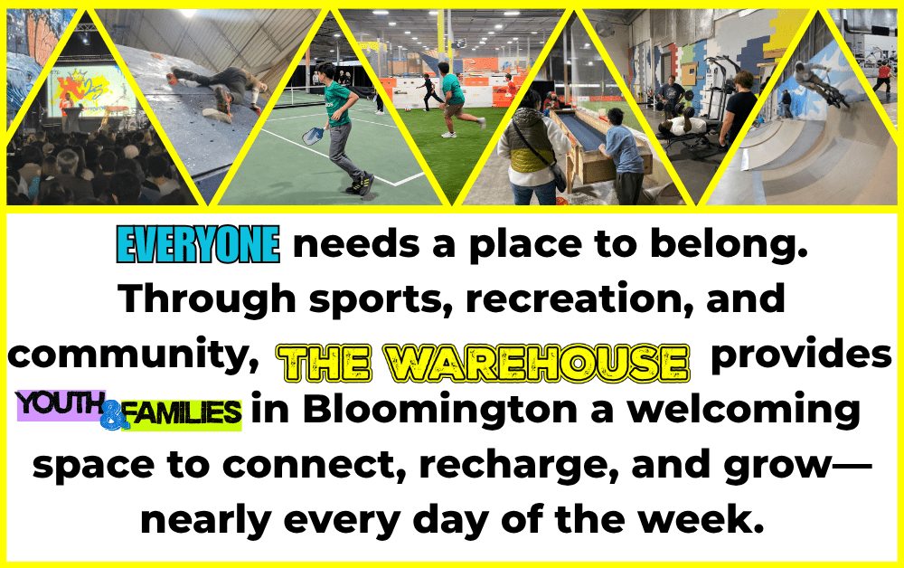 Promotional banner featuring a 7-panel triangular photo collage of facility activities—including live stage events, bouldering, pickleball, indoor soccer, shuffleboard, bench pressing, and skatepark riding—above an About Us statement for The Warehouse.