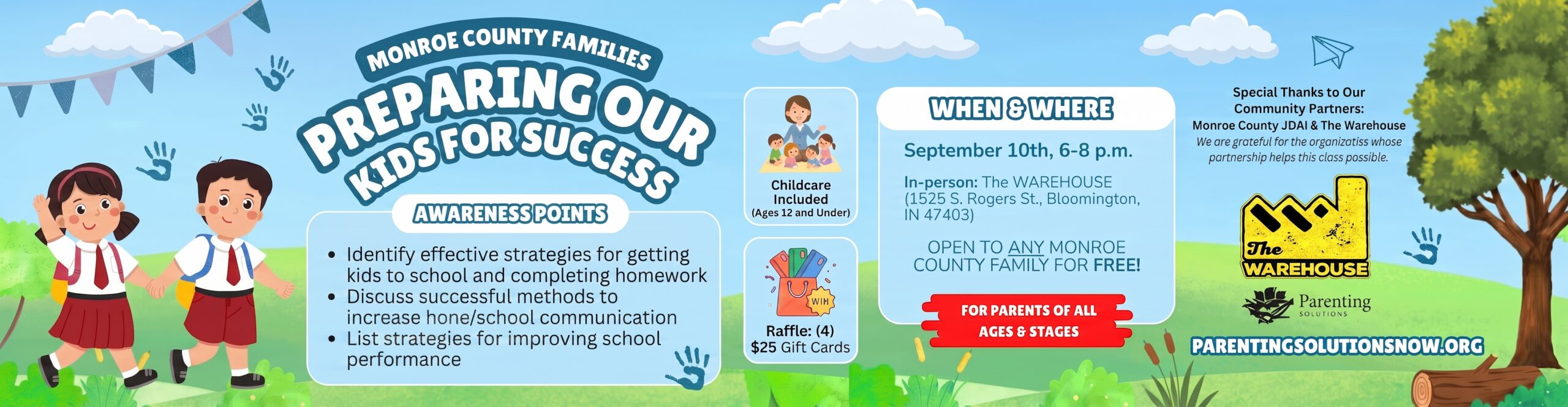 Illustrated promotional banner for "Preparing Our Kids For Success" presented by Monroe County Families, featuring event details for September 10th at The Warehouse in Bloomington, Indiana.