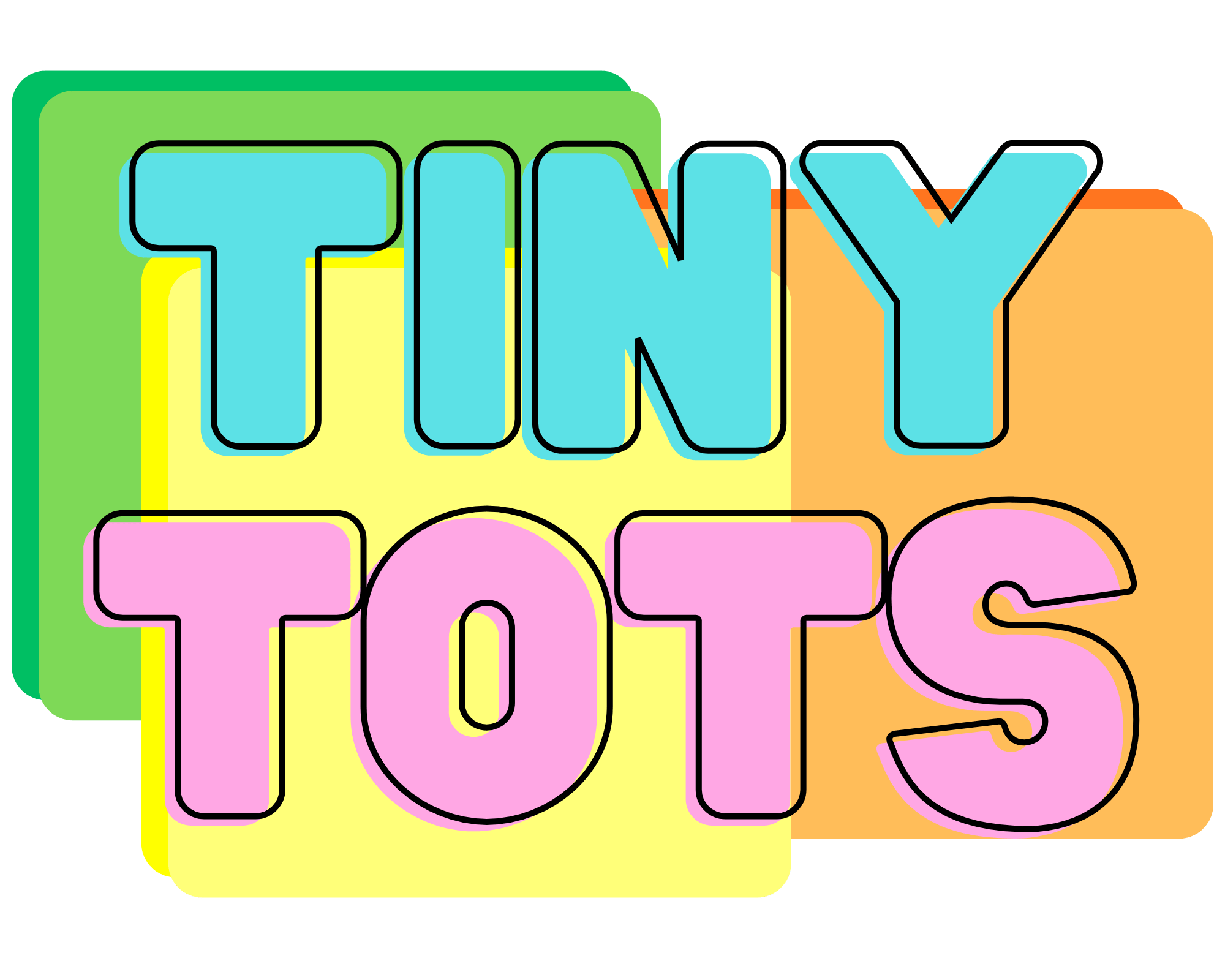 Playful graphic featuring cyan and pink text reading "TINY TOTS" layered over bright green, yellow, and orange rounded square color blocks on a transparent background.
