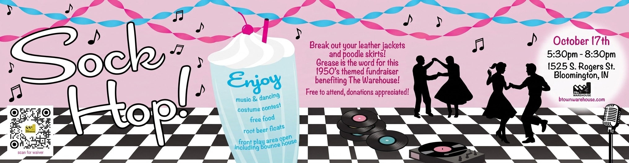Promotional banner for a 1950s themed Sock Hop fundraiser benefiting The Warehouse on October 17th from 5:30pm to 8:30pm, featuring music, dancing, costume contest, free food, root beer floats, vinyl records, and a black-and-white checkered floor.
